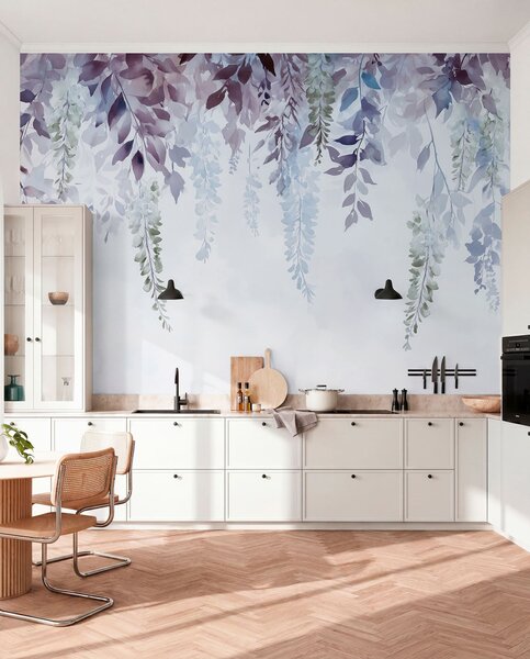 Fototapety Ozdoba z kwiatów glicynii, kwiatowa, akwarela, kolory niebieski i fioletowy, Fototapety Kwiaty, w01545v1 : Uwalls.pl