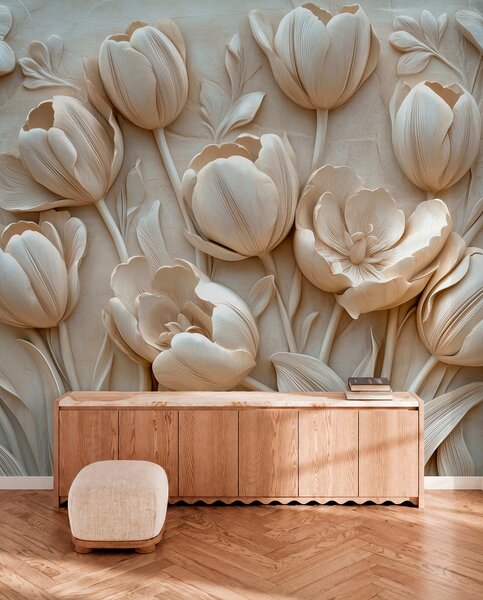 Fototapety kwiatowa grafika 3D z wdzięcznymi tulipanami w beżowym kolorze, Fototapety 3D, Fototapety 3d Kwiaty, w01851 : Uwalls.pl