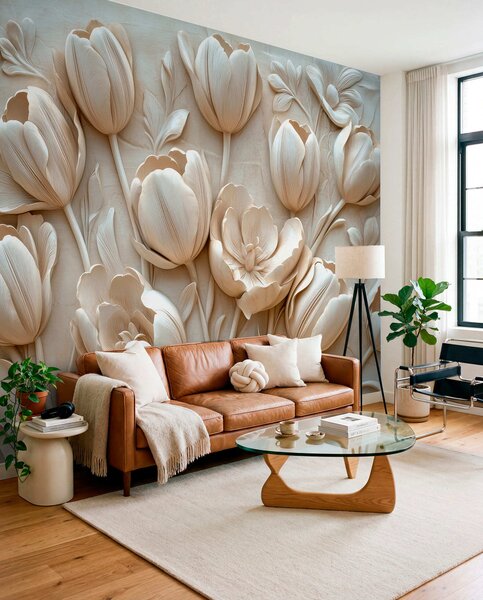 Fototapety kwiatowa grafika 3D z wdzięcznymi tulipanami w beżowym kolorze, Fototapety 3D, Fototapety 3d Kwiaty, w01851 : Uwalls.pl