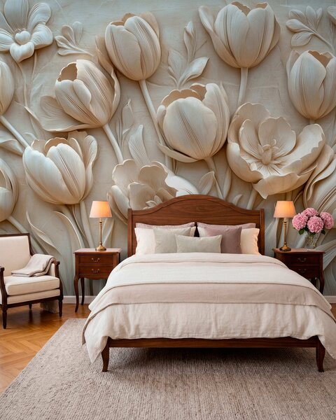 Fototapety kwiatowa grafika 3D z wdzięcznymi tulipanami w beżowym kolorze, Fototapety 3D, Fototapety 3d Kwiaty, w01851 : Uwalls.pl