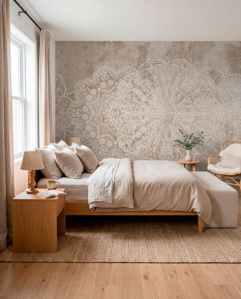 Fototapety Szczegółowy, misterny wzór mandali z białej koronki na teksturowanym, beżowo-brązowym tle ściany, Fototapety Wzory, w08387v1 : Uwalls.pl