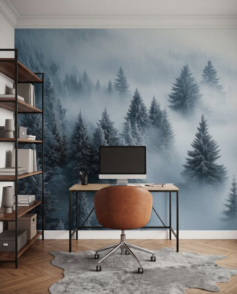 Fototapety Gęsta mgła otulająca śnieżny poranny las w odcieniach błękitu, Fototapety Natura, w02064 : Uwalls.pl