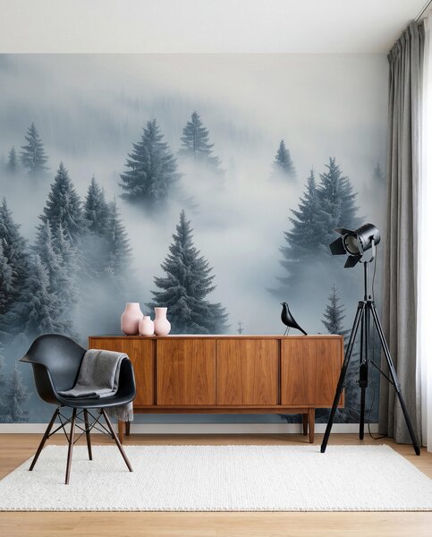 Fototapety Gęsta mgła otulająca śnieżny poranny las w odcieniach błękitu, Fototapety Natura, w02064 : Uwalls.pl
