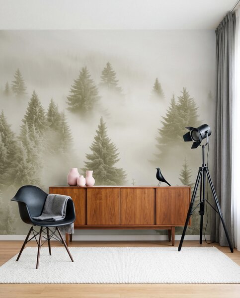 Fototapety Gęsta mgła otulająca śnieżny poranny las w delikatnych odcieniach zieleni, Fototapety Natura, w02064v2 : Uwalls.pl