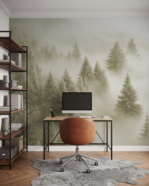 Fototapety Gęsta mgła otulająca śnieżny poranny las w delikatnych odcieniach zieleni, Fototapety Natura, w02064v2 : Uwalls.pl