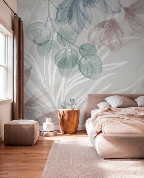 Fototapety Pastelowy kwiatowy nadruk z przezroczystymi dużymi abstrakcyjnymi kwiatami i liśćmi w odcieniach, Fototapety Kwiaty, w08600 : Uwalls.pl