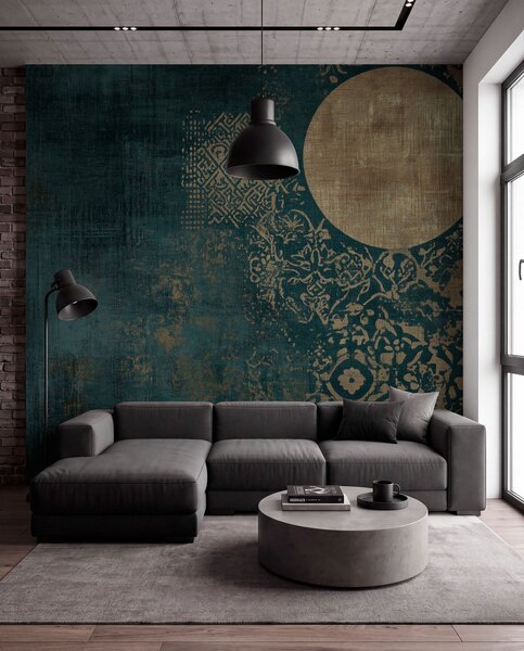 Fototapety Żółte okręgi na ciemnym, postarzanym tle, Fototapety w stylu industrialnym, w08628 : Uwalls.pl