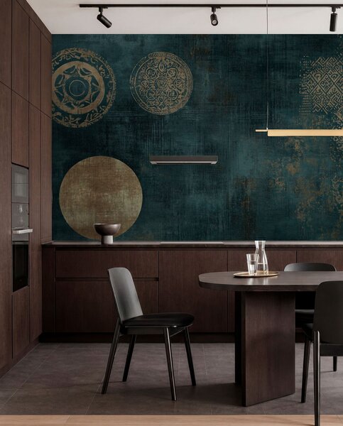 Fototapety Żółte okręgi na ciemnym, postarzanym tle, Fototapety w stylu industrialnym, w08628 : Uwalls.pl