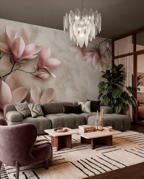 Fototapety Delikatne różowe magnolie na betonowej ścianie w odcieniach sepii, Fototapety Kwiaty, w08636v2 : Uwalls.pl