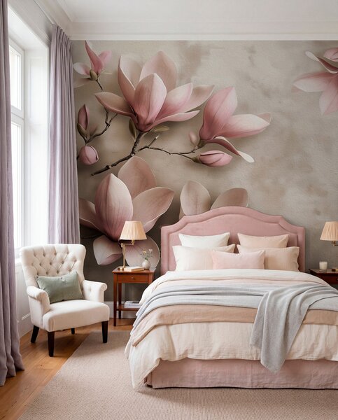 Fototapety Delikatne różowe magnolie na betonowej ścianie w odcieniach sepii, Fototapety Kwiaty, w08636v2 : Uwalls.pl