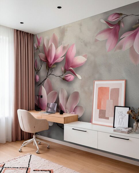 Fototapety Delikatne różowe magnolie na betonowej ścianie w odcieniach szarości, Fototapety Kwiaty, w08636v1 : Uwalls.pl
