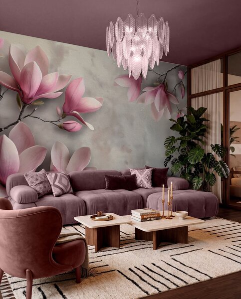 Fototapety Delikatne różowe magnolie na betonowej ścianie w odcieniach szarości, Fototapety Kwiaty, w08636v1 : Uwalls.pl