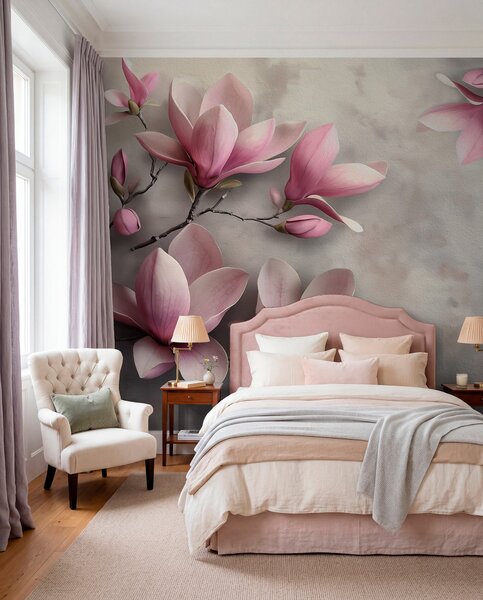 Fototapety Delikatne różowe magnolie na betonowej ścianie w odcieniach szarości, Fototapety Kwiaty, w08636v1 : Uwalls.pl