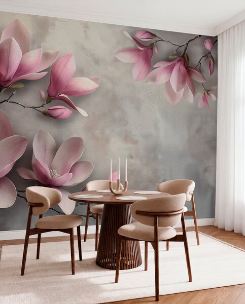 Fototapety Delikatne różowe magnolie na betonowej ścianie w odcieniach szarości, Fototapety Kwiaty, w08636v1 : Uwalls.pl