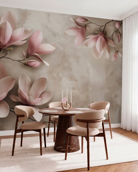 Fototapety Delikatne różowe magnolie na betonowej ścianie w odcieniach sepii, Fototapety Kwiaty, w08636v2 : Uwalls.pl