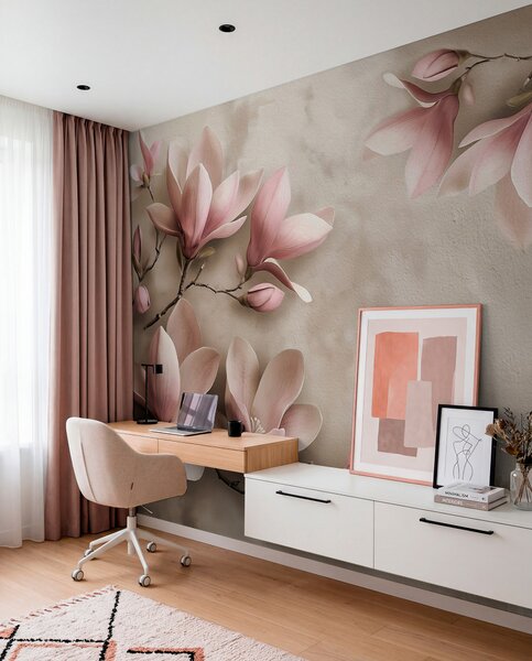 Fototapety Delikatne różowe magnolie na betonowej ścianie w odcieniach sepii, Fototapety Kwiaty, w08636v2 : Uwalls.pl