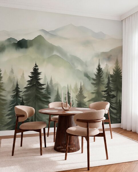 Fototapety Krajobraz górski z lasem sosnowym i warstwowymi górami o świcie z lekką mgłą akwarela imitacja, Fototapety Natura, w08639 : Uwalls.pl