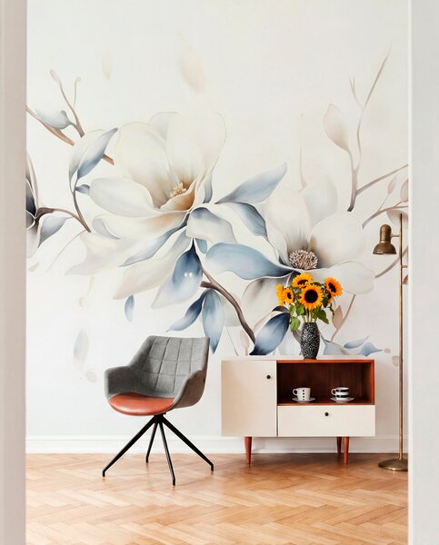 Fototapety Delikatne białe kwiaty magnolii z miękkimi niebieskimi płatkami na jasnym tle imitacja akwareli, Fototapety Kwiaty, w08644 : Uwalls.pl