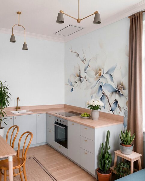 Fototapety Delikatne białe kwiaty magnolii z miękkimi niebieskimi płatkami na jasnym tle imitacja akwareli, Fototapety Kwiaty, w08644 : Uwalls.pl