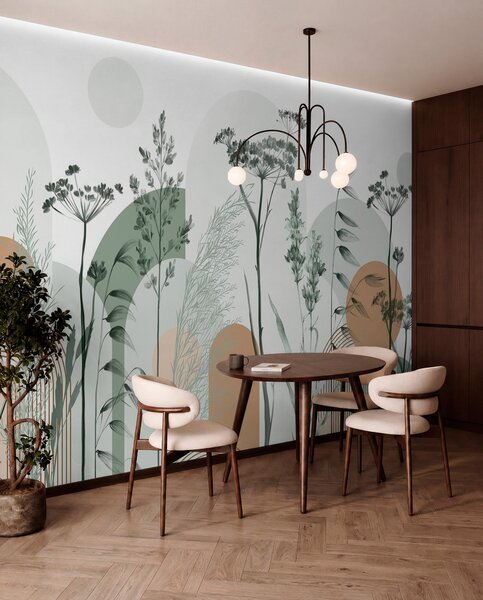 Fototapety Kolekcja roślin i kwiatów w neutralnych odcieniach na abstrakcyjnym tle łuku w delikatnych, Fototapety Akwarele, w08665v1 : Uwalls.pl