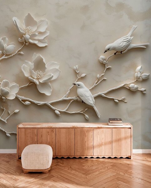 Fototapety gałęzie magnolii 3D z ptakami, Fototapety Kwiaty, w08690 : Uwalls.pl
