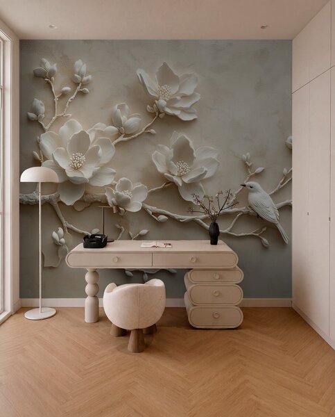 Fototapety gałęzie magnolii 3D z ptakami, Fototapety Kwiaty, w08690 : Uwalls.pl