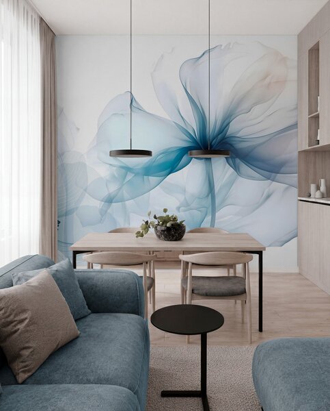 Fototapety Niebieskie abstrakcyjne kwiaty z miękkimi, półprzezroczystymi płatkami i delikatnymi detalami na, Fototapety Akwarele, w08742 : Uwalls.pl