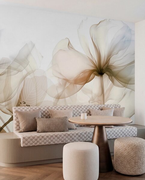 Fototapety Brązowe abstrakcyjne kwiaty z miękkimi, półprzezroczystymi płatkami i delikatnymi detalami na, Fototapety Akwarele, w08742v1 : Uwalls.pl