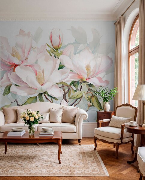 Fototapety Kwiaty magnolii z białymi i różowymi płatkami, liśćmi i brązowymi gałązkami, miękki i delikatny, Fototapety Kwiaty, w08885 : Uwalls.pl