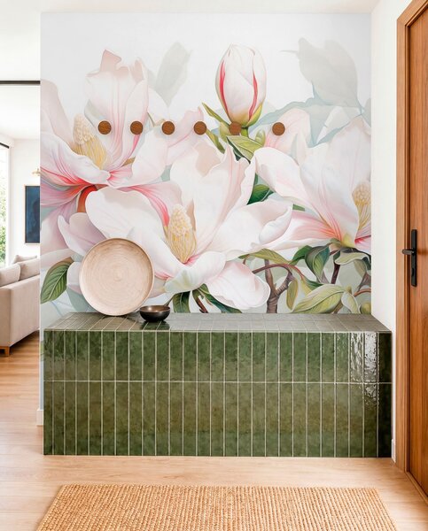 Fototapety Kwiaty magnolii z białymi i różowymi płatkami, liśćmi i brązowymi gałązkami, miękki i delikatny, Fototapety Kwiaty, w08885 : Uwalls.pl