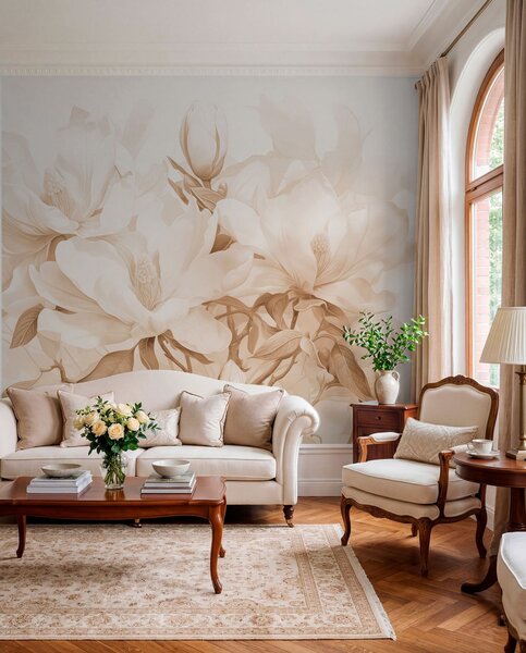 Fototapety Kwiaty magnolii z białymi i beżowymi płatkami, liśćmi i brązowymi gałązkami, miękki i delikatny, Fototapety Kwiaty, w08886 : Uwalls.pl