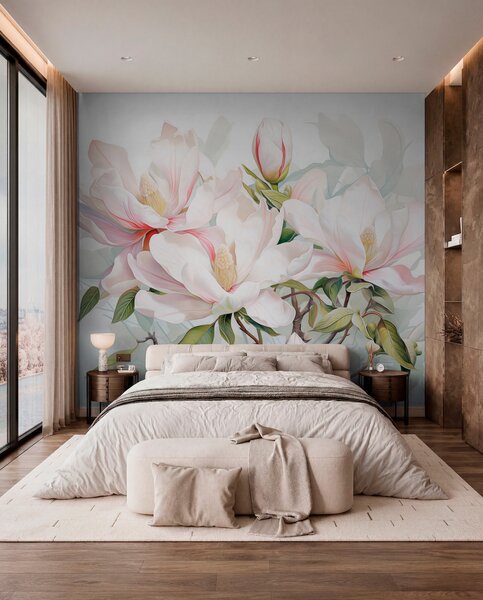 Fototapety Kwiaty magnolii z białymi i różowymi płatkami, liśćmi i brązowymi gałązkami, miękki i delikatny, Fototapety Kwiaty, w08885 : Uwalls.pl