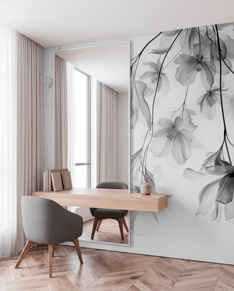 Fototapety Czarne kwiaty z półprzezroczystymi płatkami zwisającymi z gałęzi,, Fototapety Kwiaty, Fototapety Duże kwiaty, w08911 : Uwalls.pl