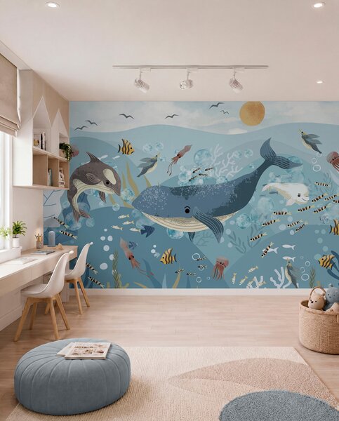 Fototapety Ilustracja dla dzieci z niebieskim wielorybem otoczonym rybami, kałamarnicami, meduzami w, Fototapety Morze i Plaża, w08921 : Uwalls.pl