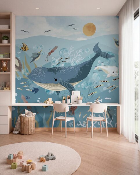 Fototapety Ilustracja dla dzieci z niebieskim wielorybem otoczonym rybami, kałamarnicami, meduzami w, Fototapety Morze i Plaża, w08921 : Uwalls.pl