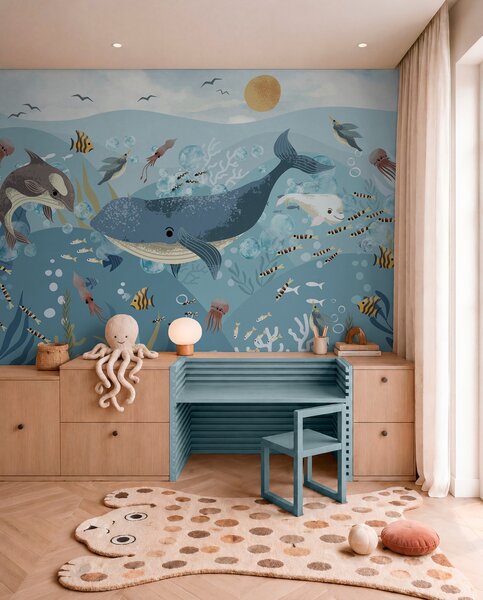 Fototapety Ilustracja dla dzieci z niebieskim wielorybem otoczonym rybami, kałamarnicami, meduzami w, Fototapety Morze i Plaża, w08921 : Uwalls.pl