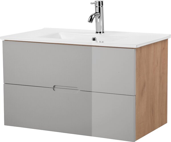 Elegancka szafka w kolorze dębu i szarości w zestawie z umywalką 80cm
