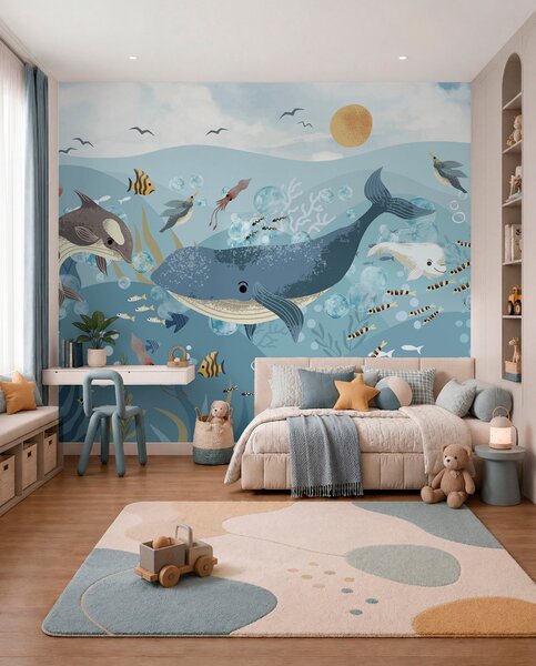 Fototapety Ilustracja dla dzieci z niebieskim wielorybem otoczonym rybami, kałamarnicami, meduzami w, Fototapety Morze i Plaża, w08921 : Uwalls.pl