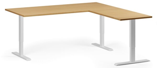 Narożne biurko z regulacją wysokości, 180x180 cm, 3 silniki, L/P, biała podstawa, buk