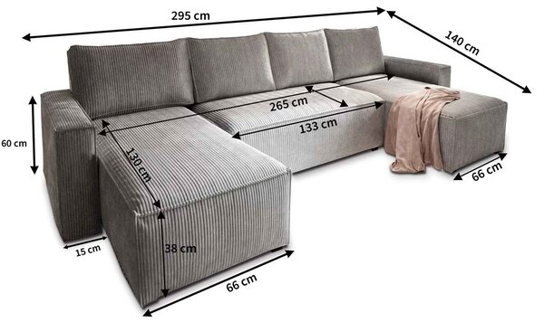 Narożnik w kształcie U SMART COSARO 295x140 cm, jasnoszary