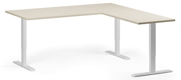 Narożne biurko z regulacją wysokości, 180x180 cm, 3 silniki, L/P, biała podstawa, brzoza