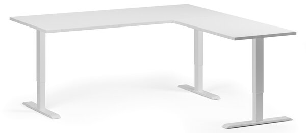 Narożne biurko z regulacją wysokości, 180x180 cm, 3 silniki, L/P, biała podstawa, biały