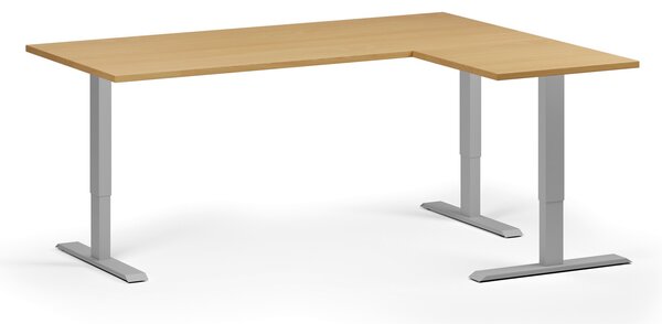 Narożne biurko z regulacją wysokości, 180x140 cm, 3 silniki, L/P, szara podstawa, buk
