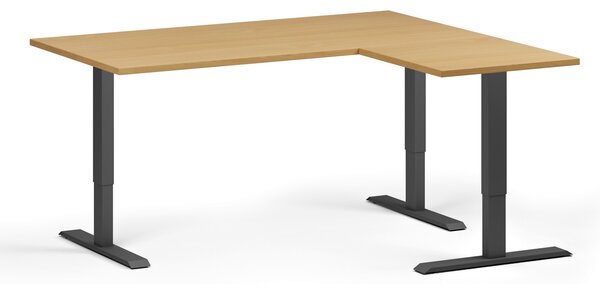 Narożne biurko z regulacją wysokości, 160x140 cm, 3 silniki, L/P, czarna podstawa, buk