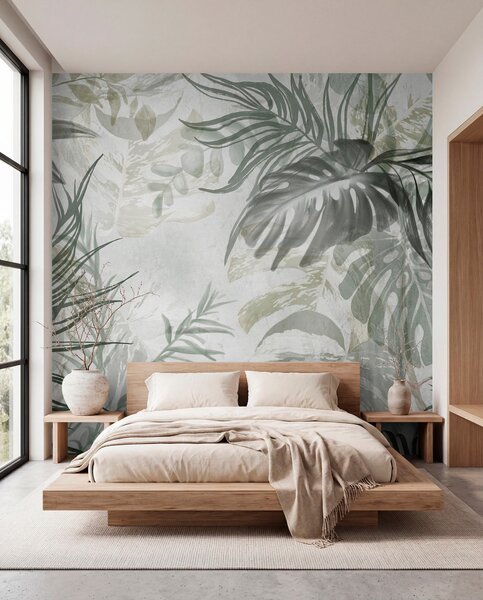 Fototapety Monstera i liście palmy w odcieniach zieleni i szarości, botaniczne, tropikalne liście, rośliny, Fototapety Natura, w09011 : Uwalls.pl