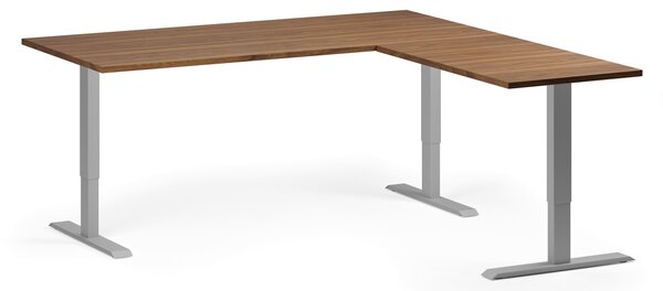 Narożne biurko z regulacją wysokości, 180x180 cm, 3 silniki, L/P, szara podstawa, orzech