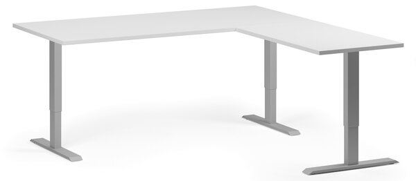Narożne biurko z regulacją wysokości, 180x180 cm, 3 silniki, L/P, szara podstawa, biały