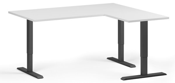 Narożne biurko z regulacją wysokości, 160x140 cm, 3 silniki, L/P, czarna podstawa, biały