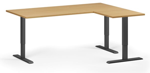 Narożne biurko z regulacją wysokości, 180x140 cm, 3 silniki, L/P, czarna podstawa, buk
