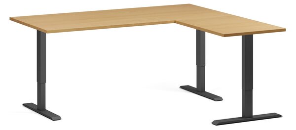 Narożne biurko z regulacją wysokości, 180x160 cm, 3 silniki, L/P, czarna podstawa, buk